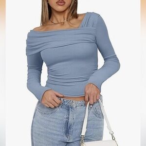 Womens One Shoulder Off Shirts Long Sleeve Ruched Slim Fitted Casual Sexy Y2K L